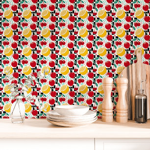 Retro Fruit Chequerboard Kitchen Wallpaper