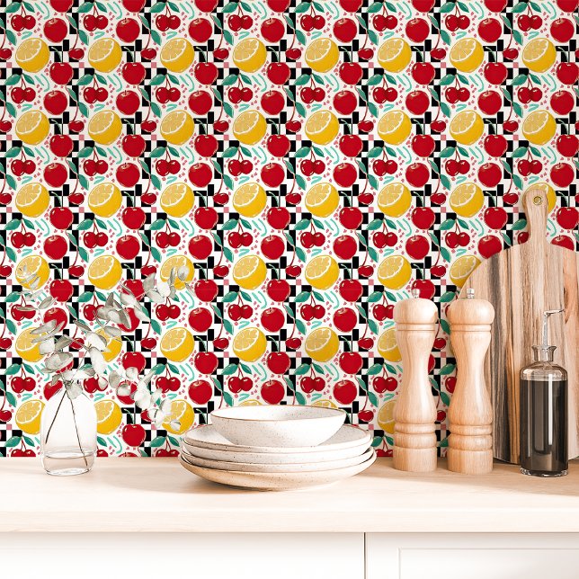 Retro Fruit Chequerboard Kitchen Wallpaper (Creator Uploaded)