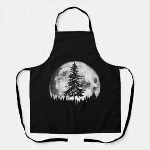 Retro Full Moon & Minimalist Pine Tree Vintage Gra Apron