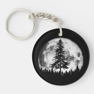Retro Full Moon & Minimalist Pine Tree Vintage Gra Key Ring