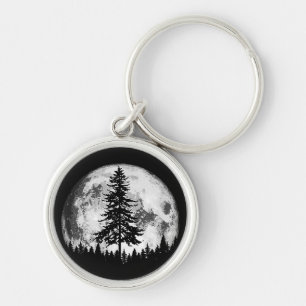 Retro Full Moon & Minimalist Pine Tree Vintage Gra Key Ring