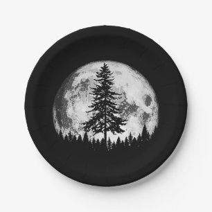 Retro Full Moon & Minimalist Pine Tree Vintage Gra Paper Plate