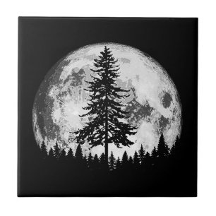 Retro Full Moon & Minimalist Pine Tree Vintage Gra Tile