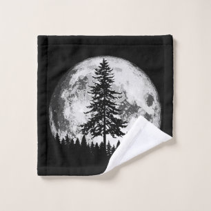 Retro Full Moon & Minimalist Pine Tree Vintage Gra Wash Cloth