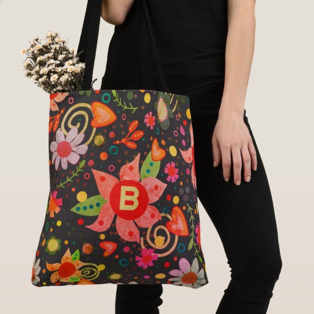 Retro Fun Initial Floral Boho Inspirivity tote Bag (Creator Uploaded)