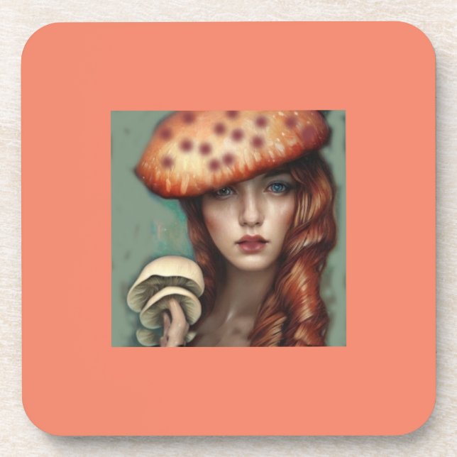 retro fun lady trippy mushroom wall art gift coaster (Front)