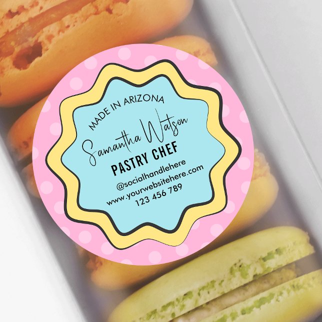 Retro Fun Nostalgia Modern Cafe Bakery Pastry Chef Classic Round Sticker (Trendy pastry chef packaging labels in pastel colors and comis style design)