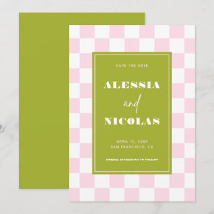 Retro Fun Pink & Green Checkerboard Check Wedding Save The Date