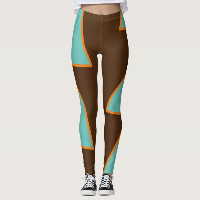 Retro Fun Triangles Light Teal and Salmon on Brown Leggings (Front)