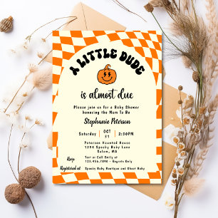 Retro Fun Wavy Checkered A Little Dude Baby Shower Invitation