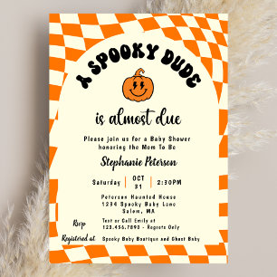 Retro Fun Wavy Checkered A Spooky Dude Baby Shower Invitation