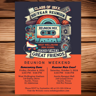 Retro Funky 50 Year High School Reunion Mixed Tape Invitation