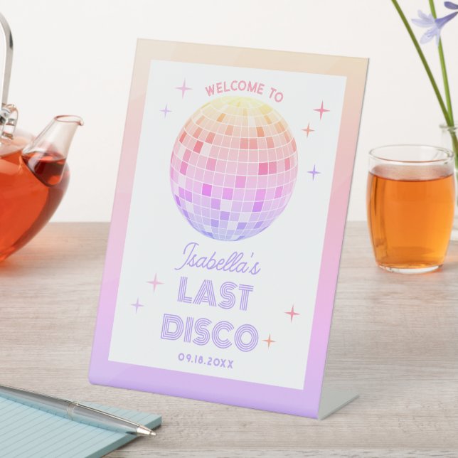 Retro Funky 70s Pink Disco Ball Bachelorette Party Pedestal Sign (In SItu)