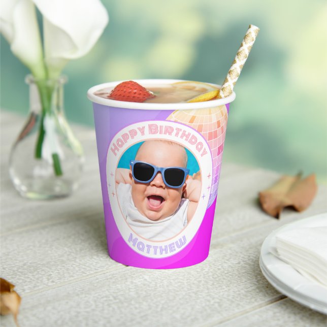 Retro Funky 80s 90s Disco Happy Birthday Photo Paper Cups (Insitu)