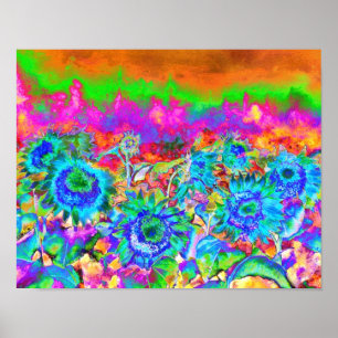 Retro funky Blue Sunflowers Poster