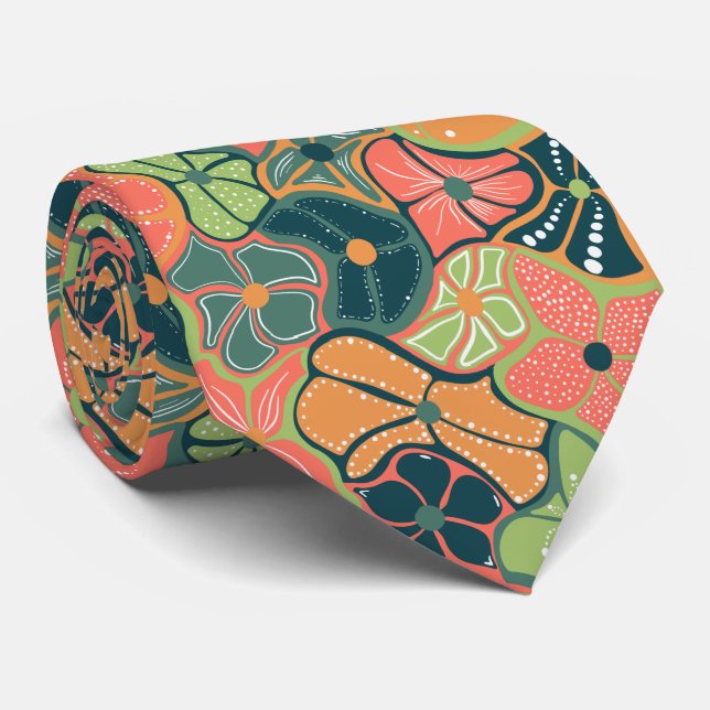 Retro Funky Colorful Flower Pattern Tie (Rolled)