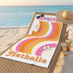 Retro Funky Colourful Vintage Custom Name Women's Beach Towel