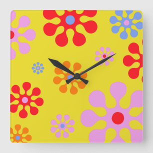 Retro Funky Flower Pattern Yellow Wall Clock