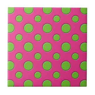 Retro Funky Green Polka Dots Pink Background Tile