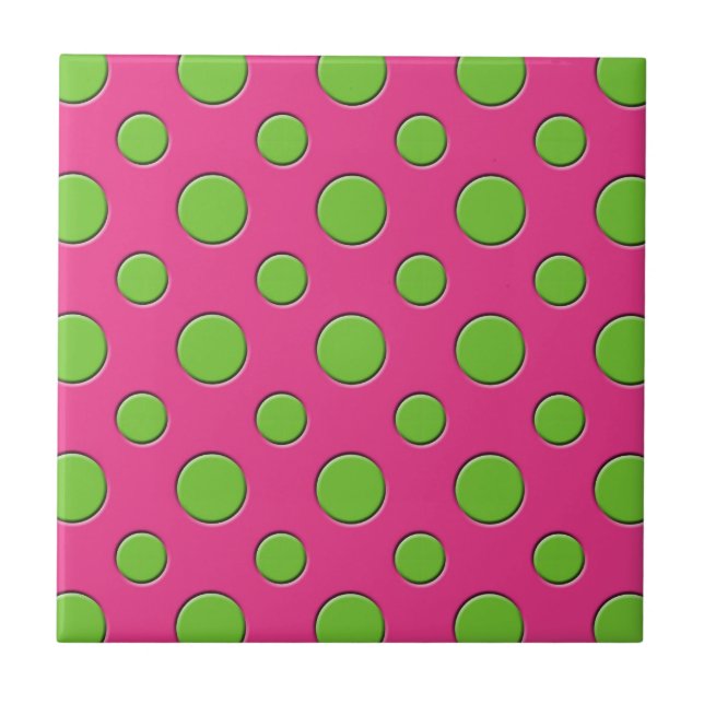 Retro Funky Green Polka Dots Pink Background Tile (Front)
