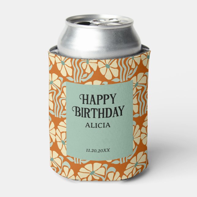 Retro Funky Groovy Boho Botanical Birthday  Can Cooler (Can Front)