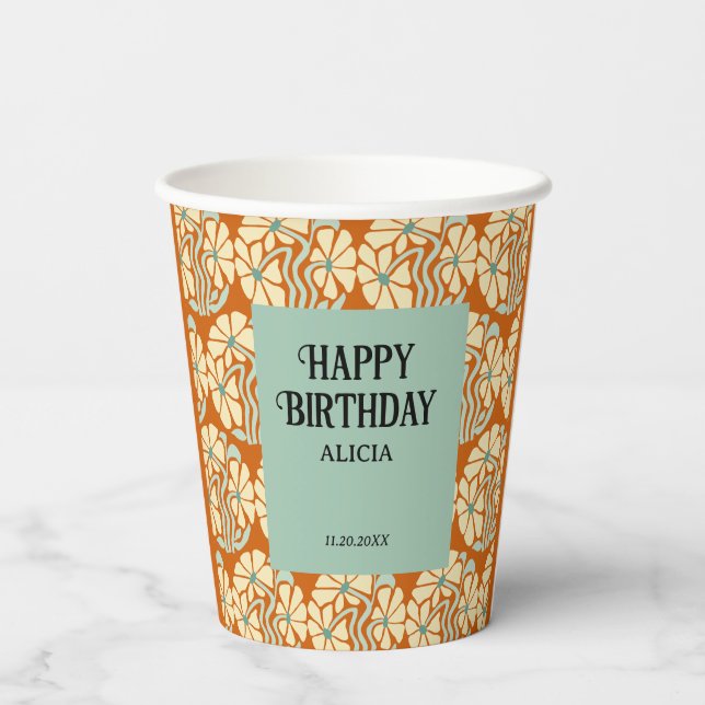 Retro Funky Groovy Boho Botanical Birthday  Paper Cups (Back)
