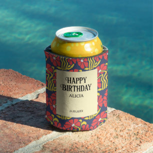 Retro Funky Groovy Trippy Daisy Floral Birthday Can Cooler