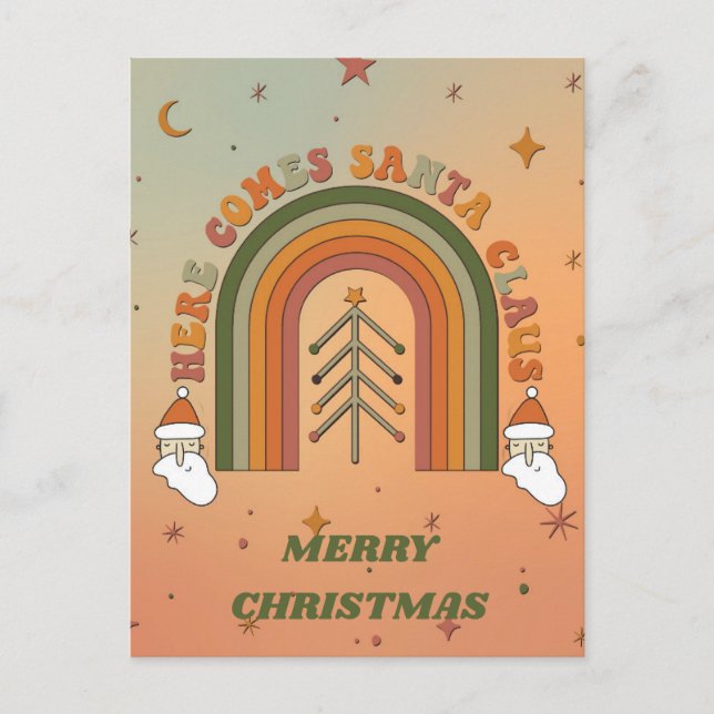Retro Funky Here Comes Santa Claus Christmas Postcard (Front)