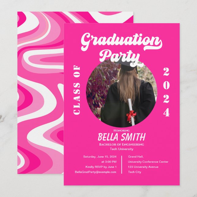 Retro Funky Hot Pink Graduation Invitation (Front/Back)
