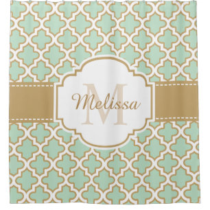 Retro Funky Moroccan Pattern Mint Green Monogram Shower Curtain