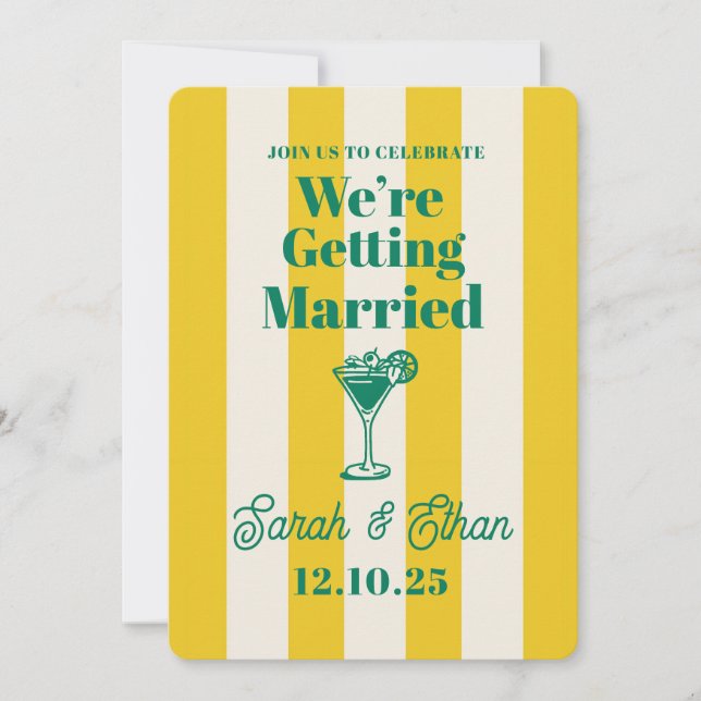 Retro Funky Striped Green Yellow Wedding Invitation (Front)