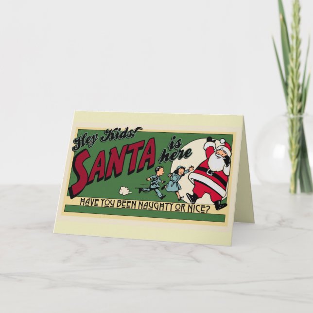 Retro Funny Cartoon Naughty or Nice Cute Christmas Holiday Card (Front)