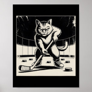 Retro Funny Cat Playing Ice Hockey Stick Skating S Poster