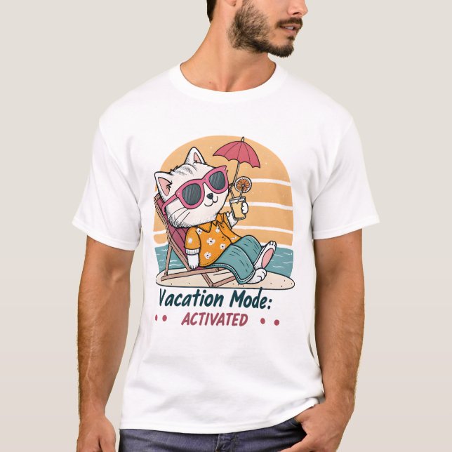 Retro Funny Cat Vacation Mode Activated Beach T-Sh T-Shirt (Front)