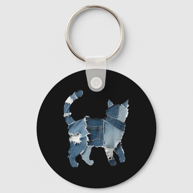 Retro Funny Denim Patch Animal Cat  Key Ring (Front)