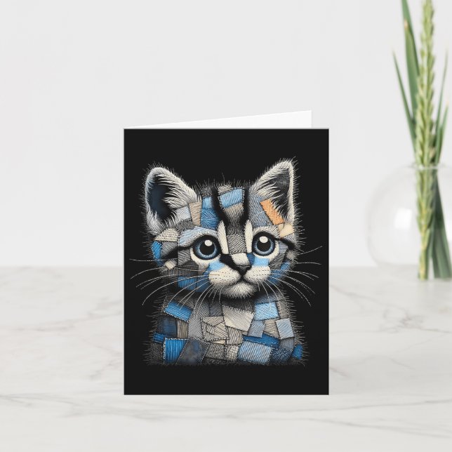 Retro Funny Denim Patch Animal Cat Print  Card (Front)