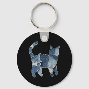 Retro Funny Denim Patch Animal Cat Print Key Ring