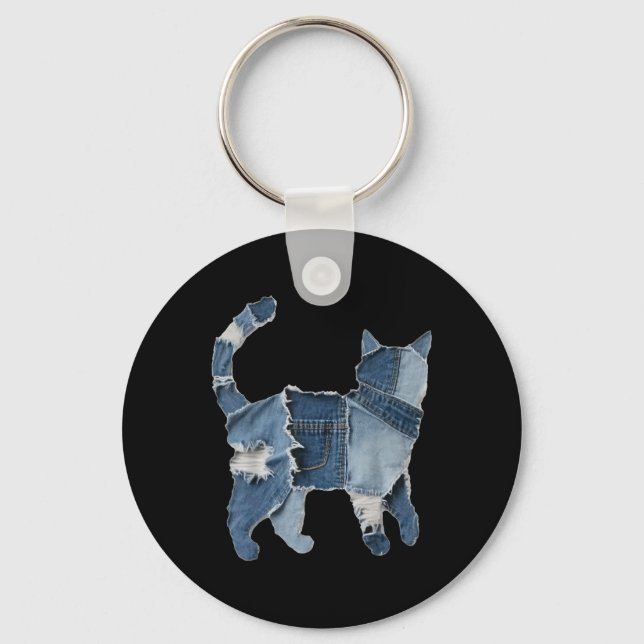 Retro Funny Denim Patch Animal Cat Print  Key Ring (Front)