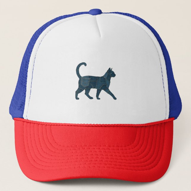 Retro Funny Denim Patch Animal Cat T-Shirt Trucker Hat (Front)