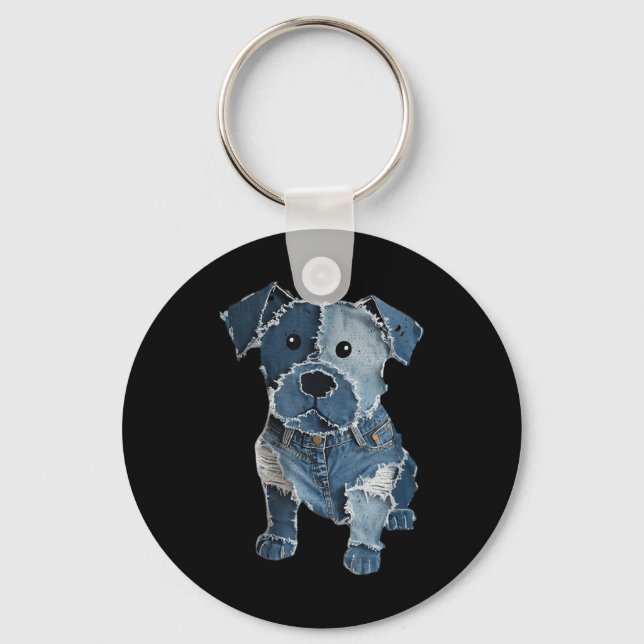 Retro Funny Denim Patch Animal Dog Print For Men W Key Ring (Front)