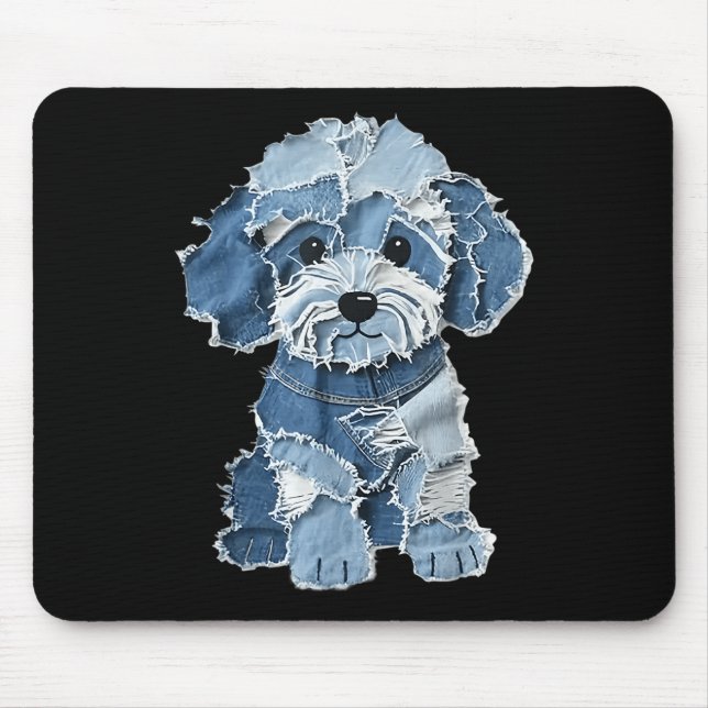 Retro Funny Denim Patch Animal Dog Print  Mouse Mat (Front)
