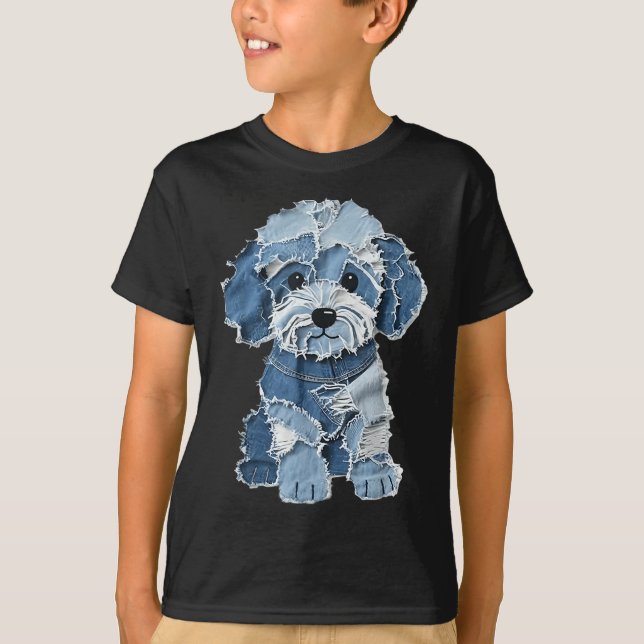 Retro Funny Denim Patch Animal Dog Print  T-Shirt (Front)