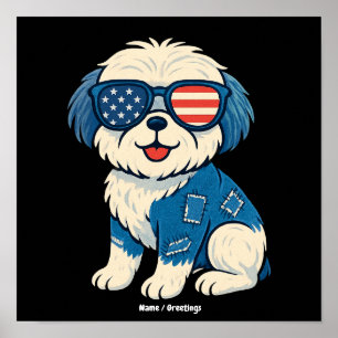 Retro Funny Denim Patch Cute Pet Dog Design Poster
