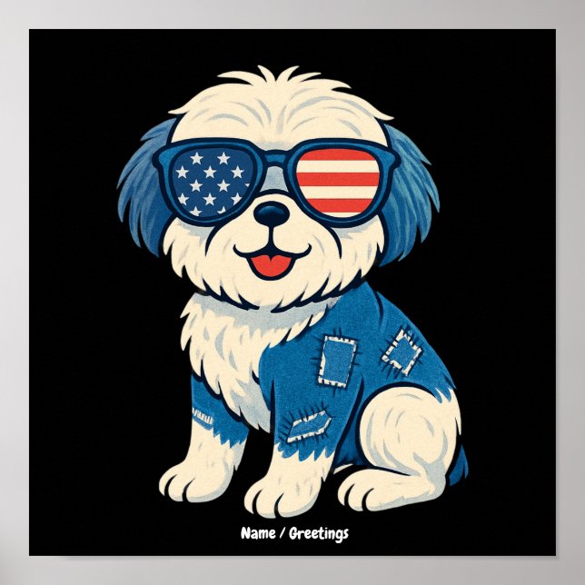 Retro Funny Denim Patch Cute Pet Dog Design  Poster (Front)