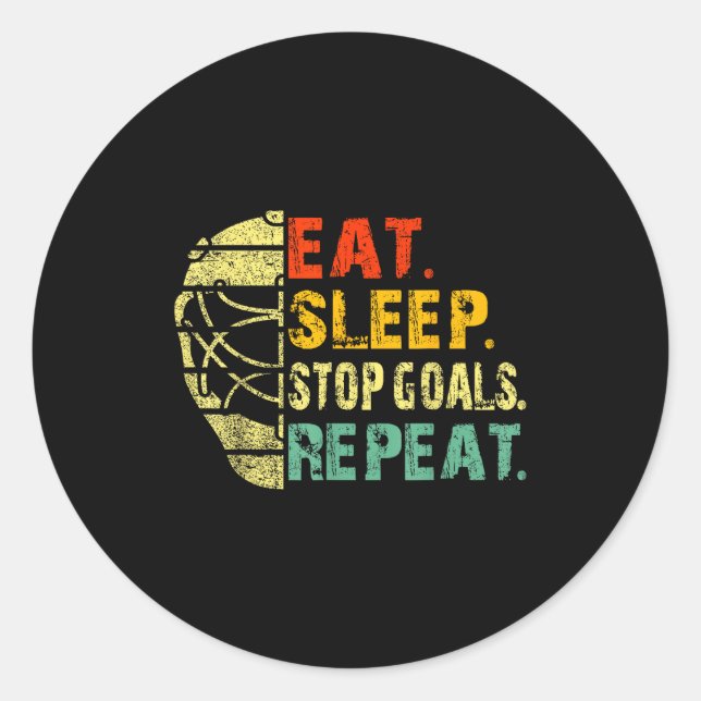 Retro Funny Eat Sleep Stop Goals Repeat Ice Hockey Classic Round Sticker (Front)