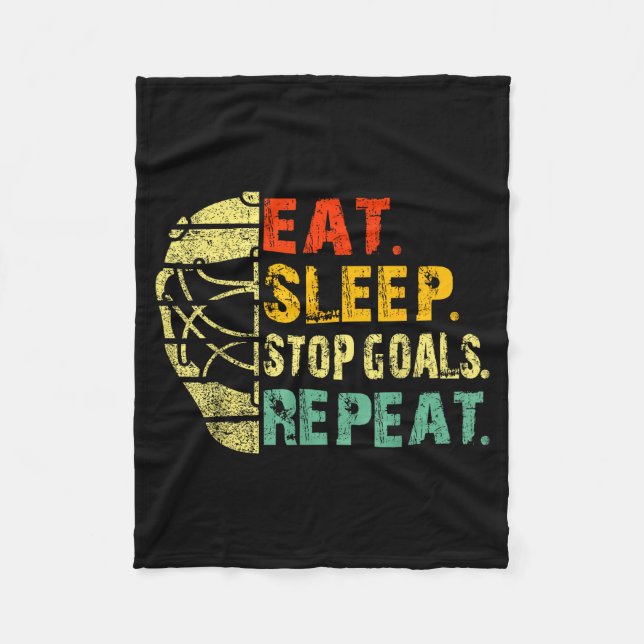Retro Funny Eat Sleep Stop Goals Repeat Ice Hockey Fleece Blanket (Front)