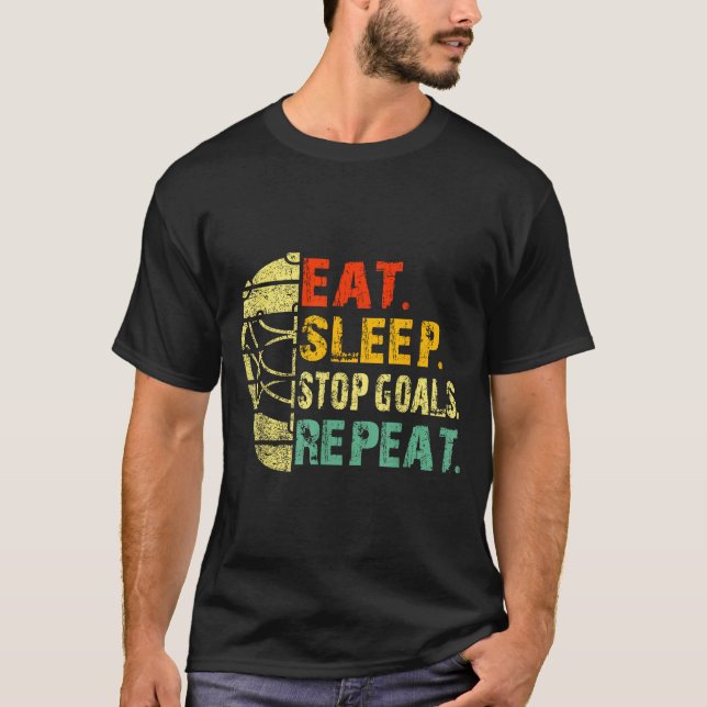 Retro Funny Eat Sleep Stop Goals Repeat Ice Hockey T-Shirt (Front)