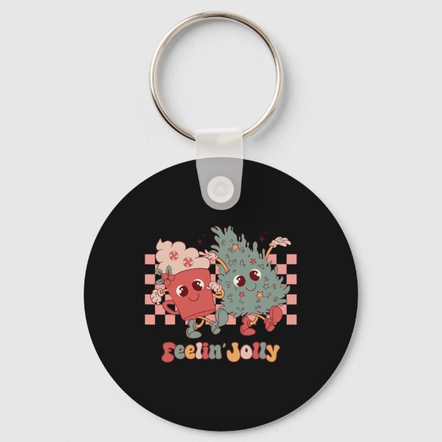 Retro Funny Feeling Jolly Christmas Tree Hot Cocoa Key Ring (Front)