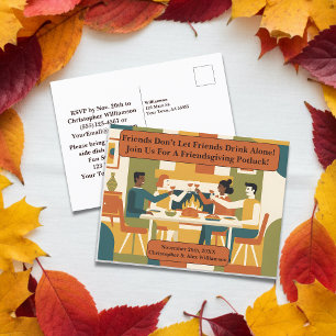 Retro Funny Friendsgiving Potluck Clinking Glasses Holiday Postcard