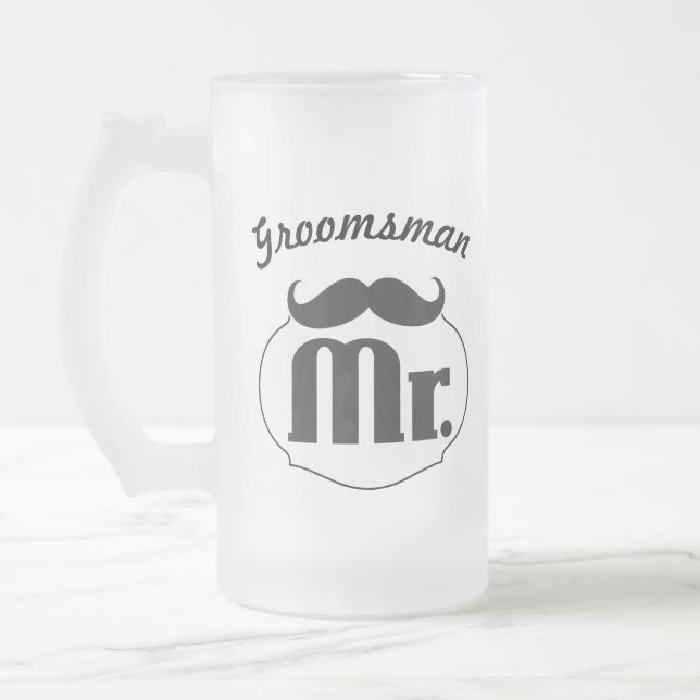Retro Funny Mr. Moustache Groom Frosted Glass Beer Mug (Left)